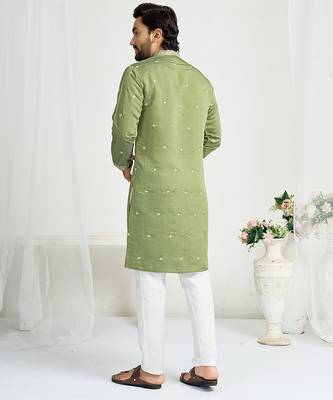 Pastel green roman silk men's kurta with elegant embroidery work 3