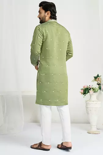 Pastel green roman silk men's kurta with elegant embroidery work