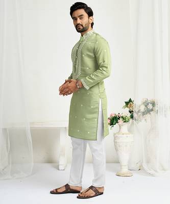 Pastel green roman silk men's kurta with elegant embroidery work 4