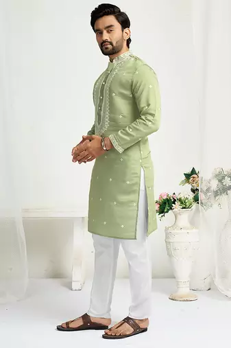 Pastel green roman silk men's kurta with elegant embroidery work