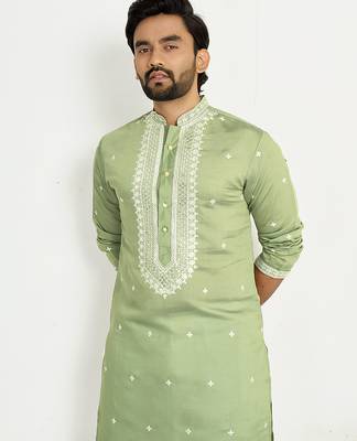 Pastel green roman silk men's kurta with elegant embroidery work 5