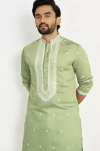 Pastel green roman silk men's kurta with elegant embroidery work
