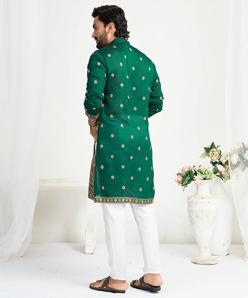 Green silk kurta with embroidery – men’s festive & wedding collection