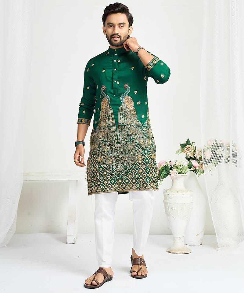 Green silk kurta with embroidery – men’s festive & wedding collection