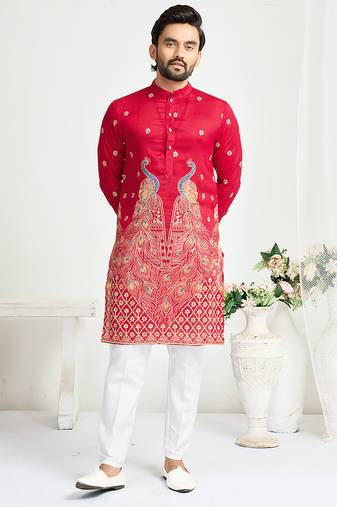 Pink silk kurta with embroidery – men’s festive & wedding collection