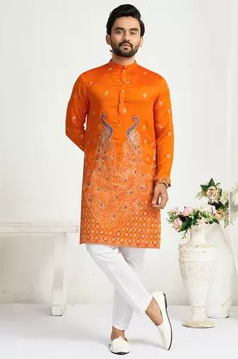 Orange silk kurta with embroidery – men’s festive & wedding collection