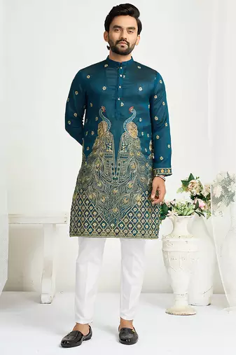 Navy blue silk kurta with embroidery – men’s festive & wedding collection