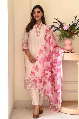 Pink Floral Embroidered Cotton Kurta Set with Printed Dupatta