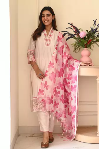 Pink Floral Embroidered Cotton Kurta Set with Printed Dupatta
