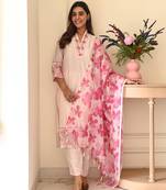 Pink Floral Embroidered Cotton Kurta Set with Printed Dupatta