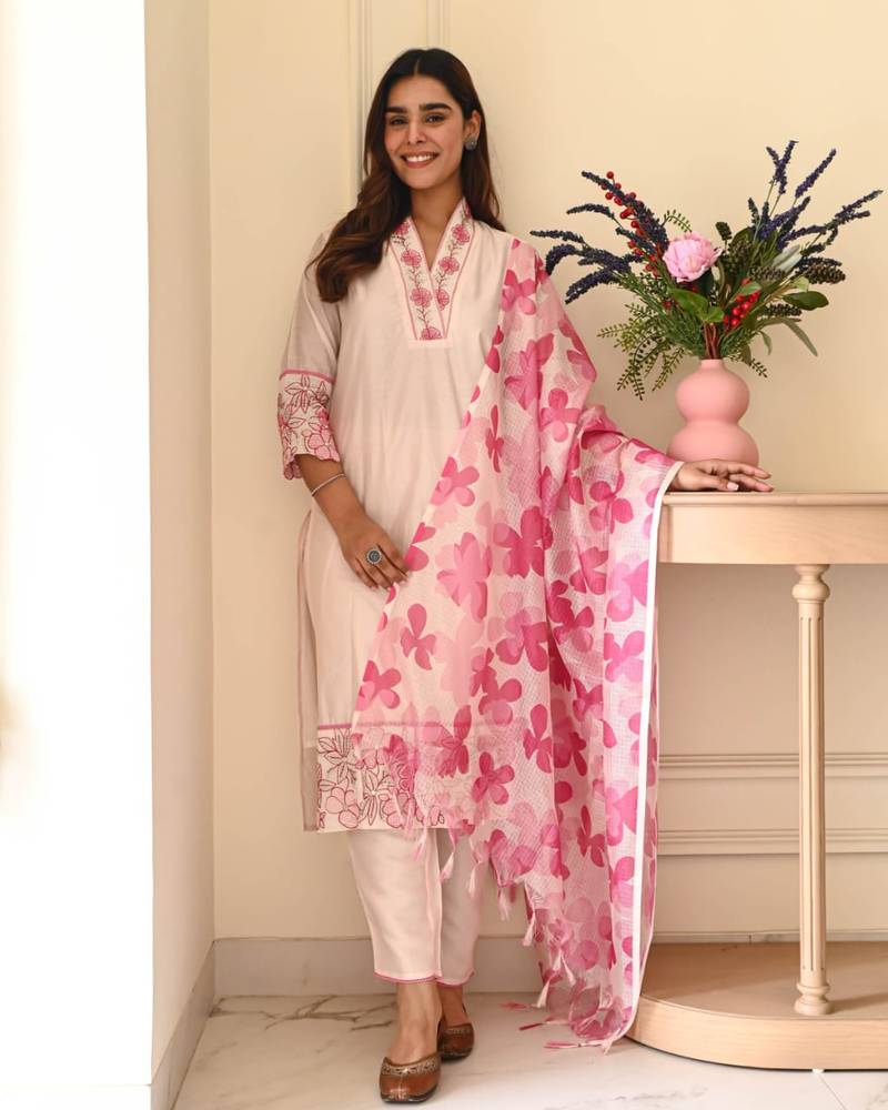 Pink Floral Embroidered Cotton Kurta Set with Printed Dupatta