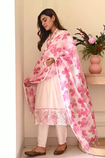 Pink Floral Embroidered Cotton Kurta Set with Printed Dupatta