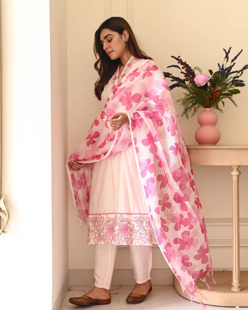 Pink Floral Embroidered Cotton Kurta Set with Printed Dupatta