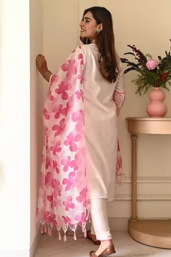 Pink Floral Embroidered Cotton Kurta Set with Printed Dupatta