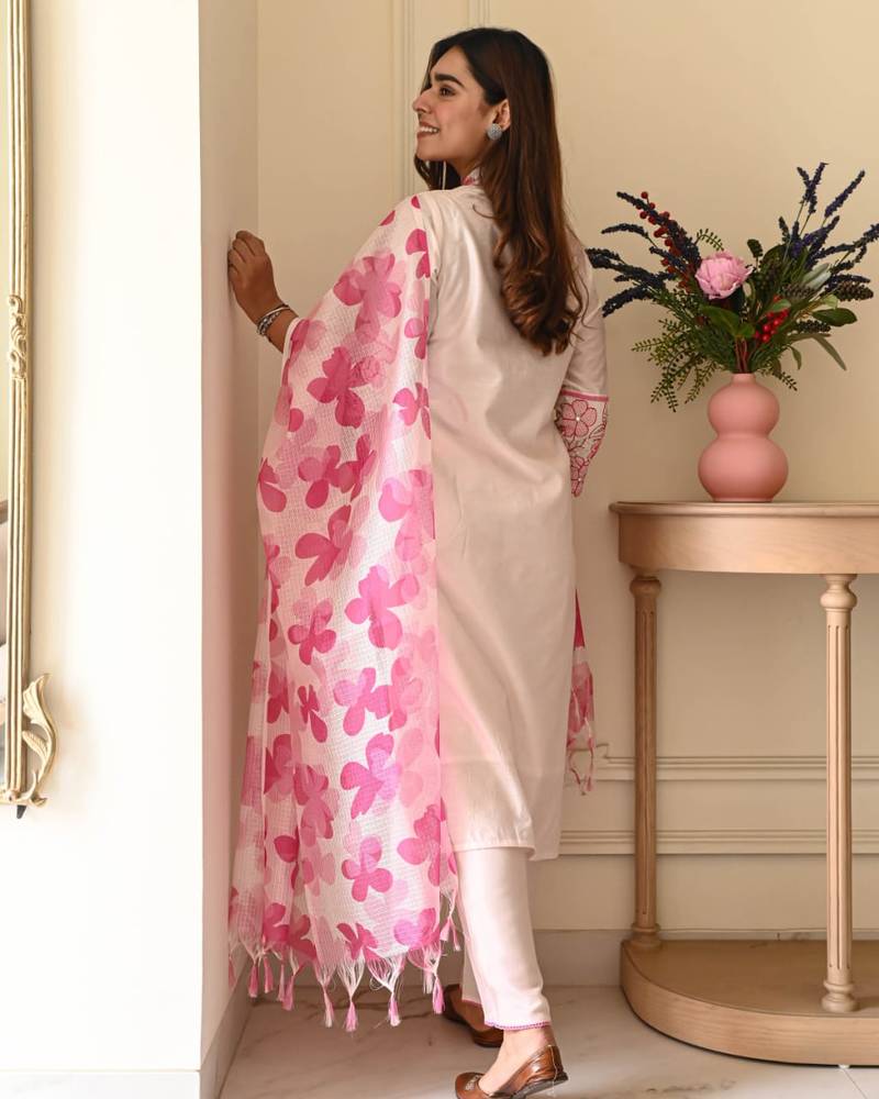 Pink Floral Embroidered Cotton Kurta Set with Printed Dupatta