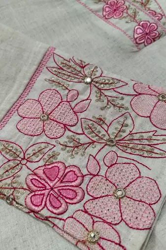 Pink Floral Embroidered Cotton Kurta Set with Printed Dupatta