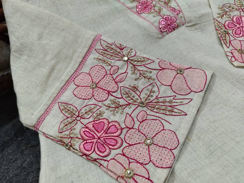Pink Floral Embroidered Cotton Kurta Set with Printed Dupatta