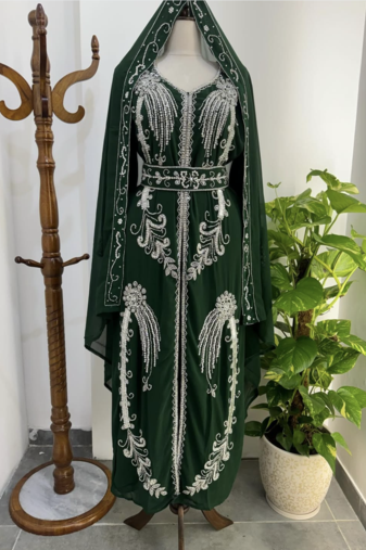 Green Moroccan Stitched Kaftan with Silver Hand Embroidery and Matching Dupatta – Premium Party & Wedding Wear