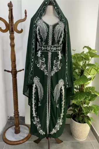 Green Moroccan Stitched Kaftan with Silver Hand Embroidery and Matching Dupatta – Premium Party & Wedding Wear