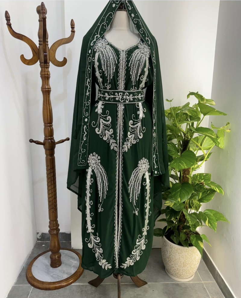 Green Moroccan Stitched Kaftan with Silver Hand Embroidery and Matching Dupatta – Premium Party & Wedding Wear