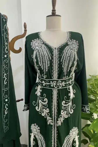 Green Moroccan Stitched Kaftan with Silver Hand Embroidery and Matching Dupatta – Premium Party & Wedding Wear