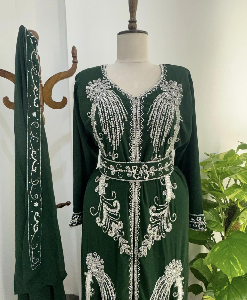 Green Moroccan Stitched Kaftan with Silver Hand Embroidery and Matching Dupatta – Premium Party & Wedding Wear