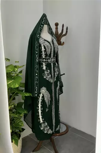 Green Moroccan Stitched Kaftan with Silver Hand Embroidery and Matching Dupatta – Premium Party & Wedding Wear