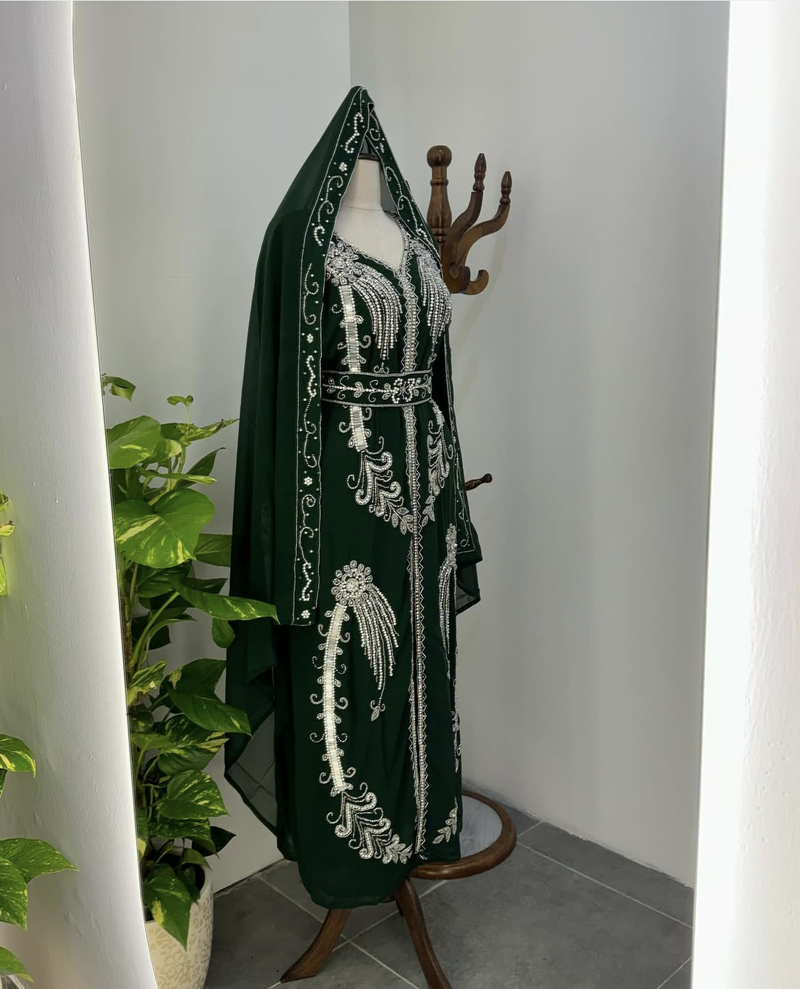 Green Moroccan Stitched Kaftan with Silver Hand Embroidery and Matching Dupatta – Premium Party & Wedding Wear