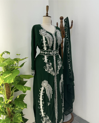 Green Moroccan Stitched Kaftan with Silver Hand Embroidery and Matching Dupatta – Premium Party & Wedding Wear 4