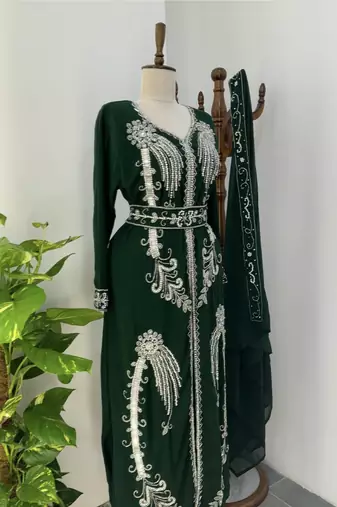 Green Moroccan Stitched Kaftan with Silver Hand Embroidery and Matching Dupatta – Premium Party & Wedding Wear