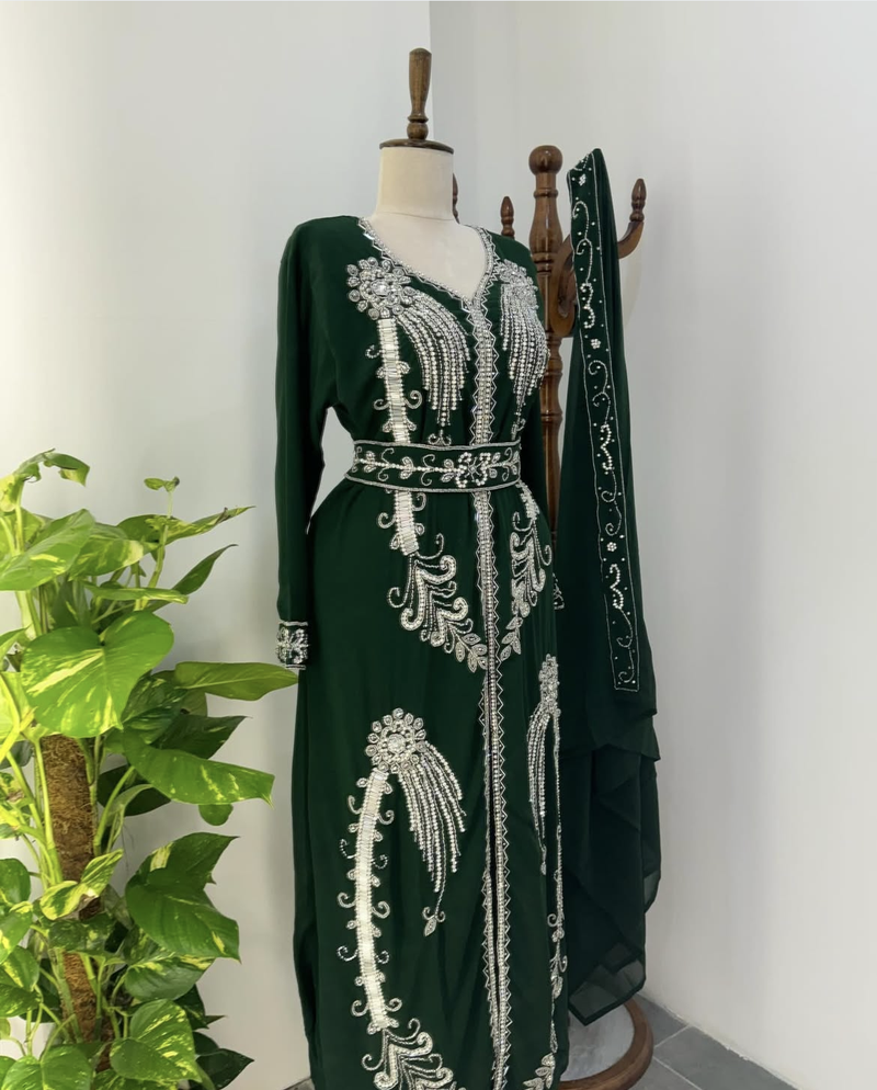Green Moroccan Stitched Kaftan with Silver Hand Embroidery and Matching Dupatta – Premium Party & Wedding Wear