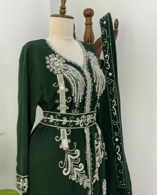 Green Moroccan Stitched Kaftan with Silver Hand Embroidery and Matching Dupatta – Premium Party & Wedding Wear 5