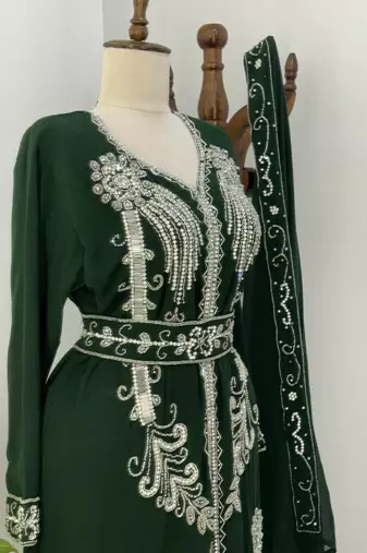 Green Moroccan Stitched Kaftan with Silver Hand Embroidery and Matching Dupatta – Premium Party & Wedding Wear