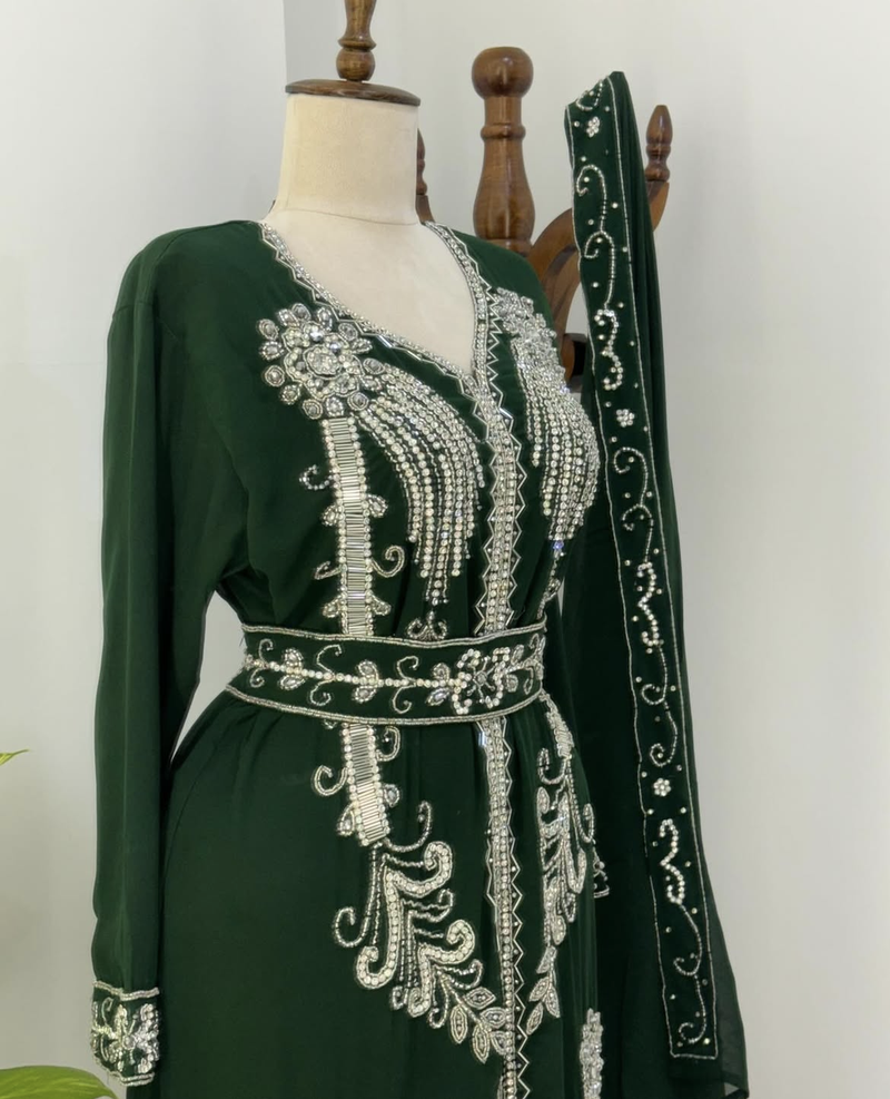 Green Moroccan Stitched Kaftan with Silver Hand Embroidery and Matching Dupatta – Premium Party & Wedding Wear