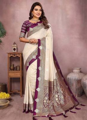 cream handloom kalamkari silk blend with zari woven design saree with blouse 1