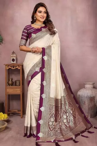 cream handloom kalamkari silk blend with zari woven design saree with blouse