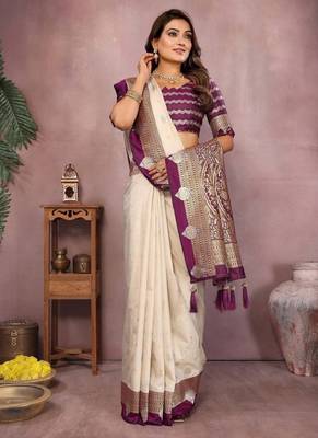 cream handloom kalamkari silk blend with zari woven design saree with blouse 3