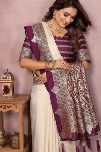 cream handloom kalamkari silk blend with zari woven design saree with blouse