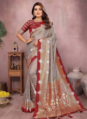 grey handloom kalamkari silk blend with zari woven design saree with blouse 1
