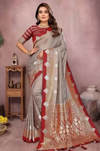 grey handloom kalamkari silk blend with zari woven design saree with blouse
