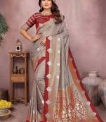 grey handloom kalamkari silk blend with zari woven design saree with blouse
