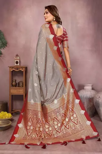 grey handloom kalamkari silk blend with zari woven design saree with blouse