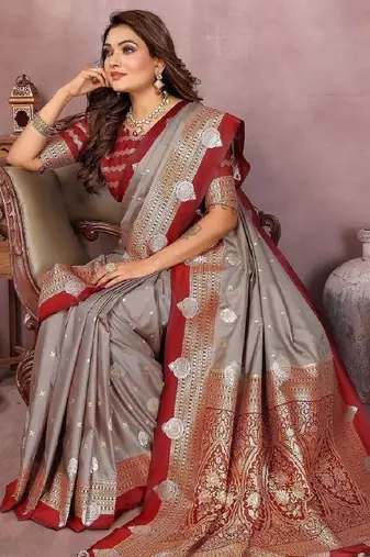 grey handloom kalamkari silk blend with zari woven design saree with blouse