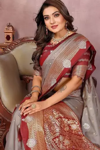 grey handloom kalamkari silk blend with zari woven design saree with blouse