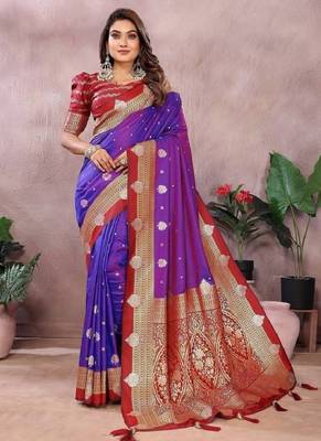 violet handloom kalamkari silk blend with zari woven design saree with blouse 1