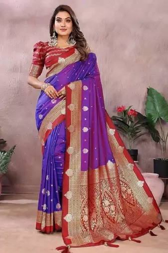 violet handloom kalamkari silk blend with zari woven design saree with blouse