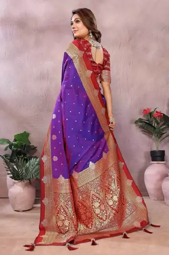 violet handloom kalamkari silk blend with zari woven design saree with blouse