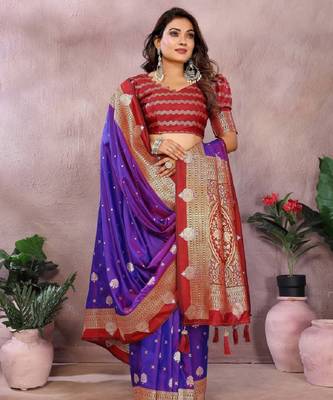 violet handloom kalamkari silk blend with zari woven design saree with blouse 3