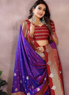 violet handloom kalamkari silk blend with zari woven design saree with blouse 4