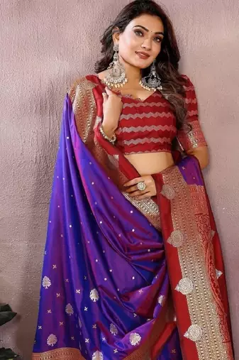violet handloom kalamkari silk blend with zari woven design saree with blouse
